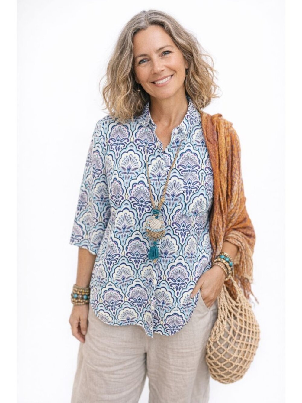 Chicos Womens No Iron 100% Linen Sustainable 6-8 or 1 Blue Purple Floral Design